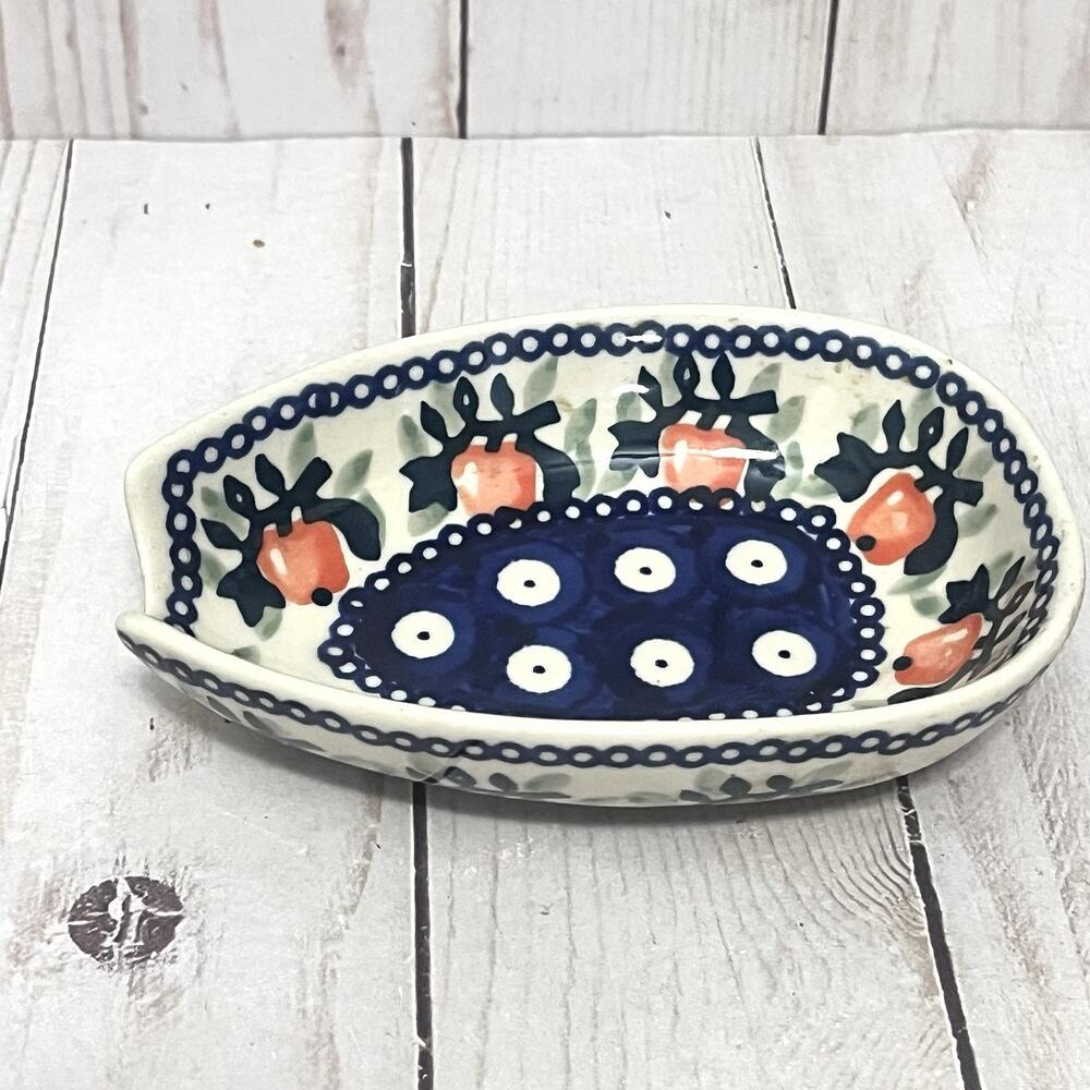 Boleslawca Polish Pottery Spoon Rest Handpainted Blue Orange Floral 5”